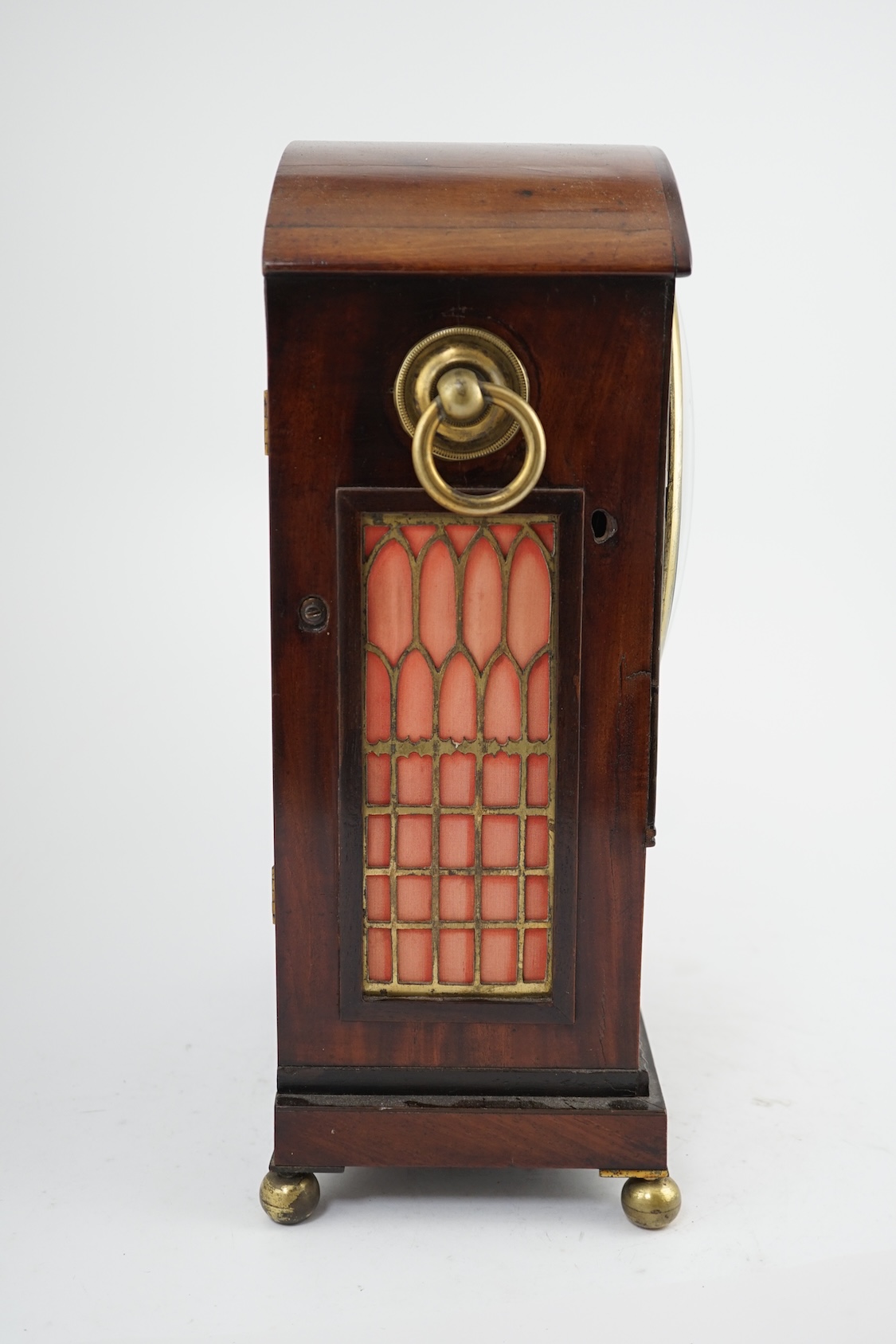 Hair, Gt Russell St. Borough - a Regency brass strung mahogany eight day bracket clock, with painted Roman dial and brass ring handles, unsigned twin fusee movement with anchor escapement, 30cm wide, 17cm deep, 43cm high